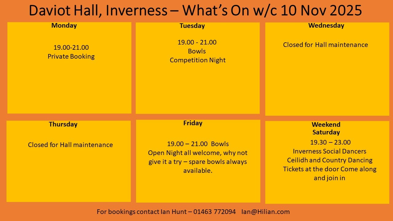 What's On - Daviot Hall w/c 10 November