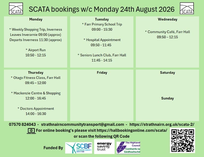 SCATA Bookings w/c Monday 24th August 2026