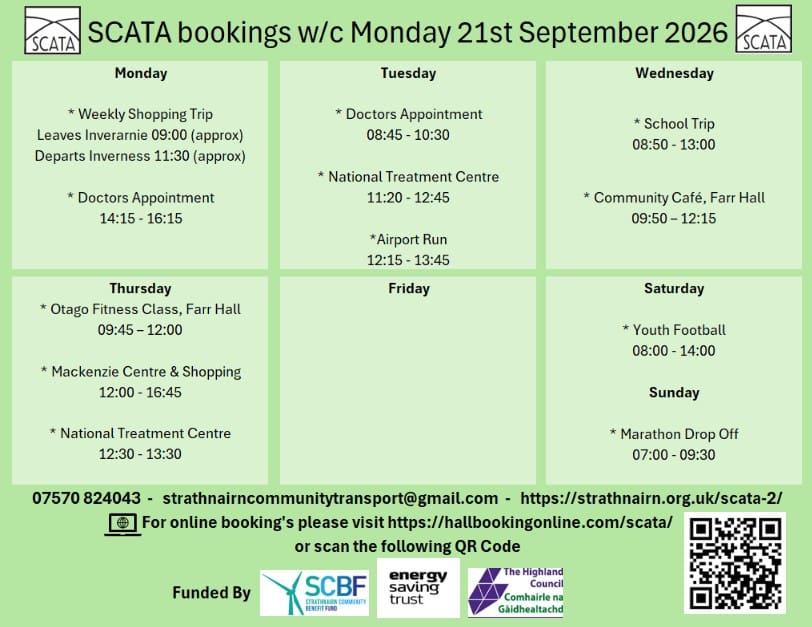 SCATA Bookings W/C Monday 21st September 2026