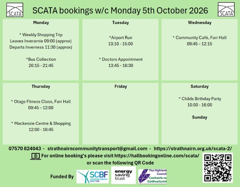 SCATA Bookings w/c Monday 5th October 2026