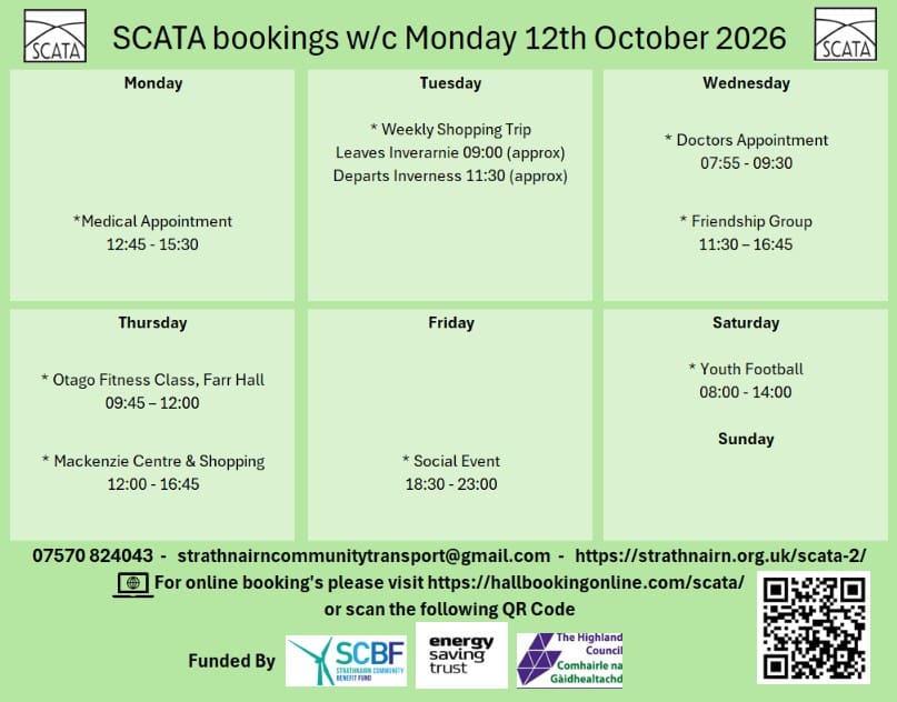 SCATA Bookings w/c Monday 12th October 2026