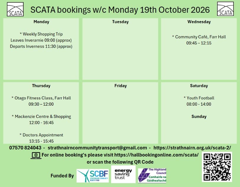 SCATA Bookings w/c Monday 19th October 2026