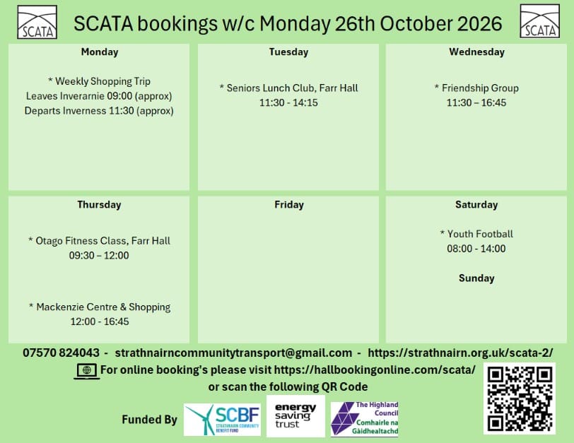 SCATA Bookings w/c Monday 26th October 2026